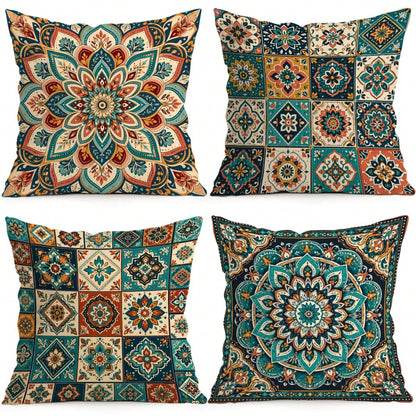 4pcs/1pc Geometric Mandala Floral Pattern Pillow Covers, Single-Sided Printed Pillow Covers, Suitable For Living Room, Bedroom, Home Decor, All-Season Pillow Covers