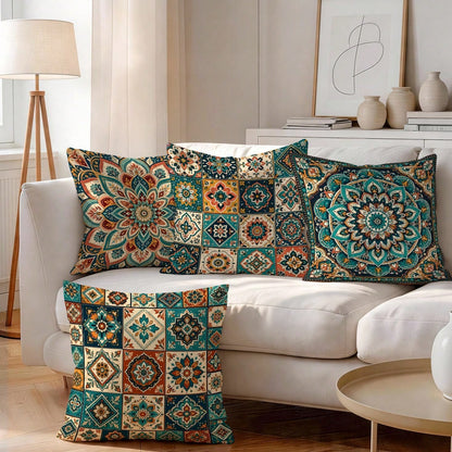 4pcs/1pc Geometric Mandala Floral Pattern Pillow Covers, Single-Sided Printed Pillow Covers, Suitable For Living Room, Bedroom, Home Decor, All-Season Pillow Covers