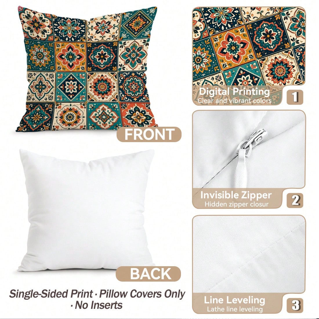 4pcs/1pc Geometric Mandala Floral Pattern Pillow Covers, Single-Sided Printed Pillow Covers, Suitable For Living Room, Bedroom, Home Decor, All-Season Pillow Covers