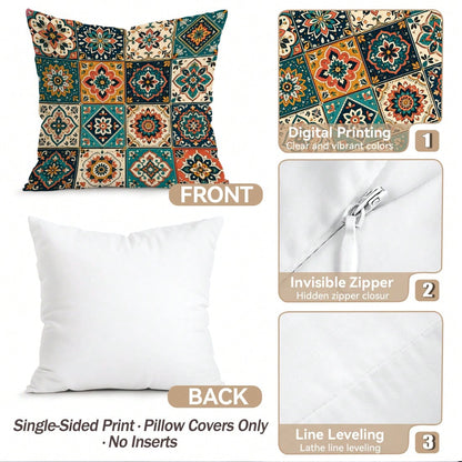 4pcs/1pc Geometric Mandala Floral Pattern Pillow Covers, Single-Sided Printed Pillow Covers, Suitable For Living Room, Bedroom, Home Decor, All-Season Pillow Covers