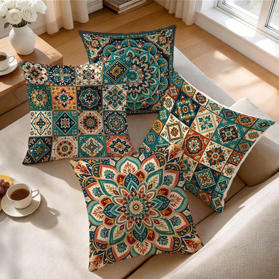 4pcs/1pc Geometric Mandala Floral Pattern Pillow Covers, Single-Sided Printed Pillow Covers, Suitable For Living Room, Bedroom, Home Decor, All-Season Pillow Covers
