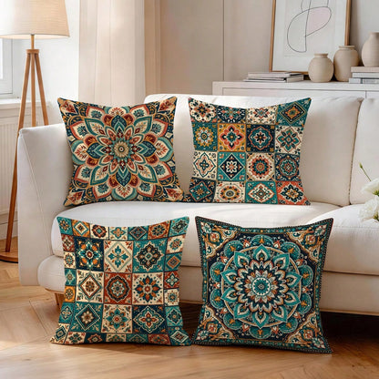 4pcs/1pc Geometric Mandala Floral Pattern Pillow Covers, Single-Sided Printed Pillow Covers, Suitable For Living Room, Bedroom, Home Decor, All-Season Pillow Covers