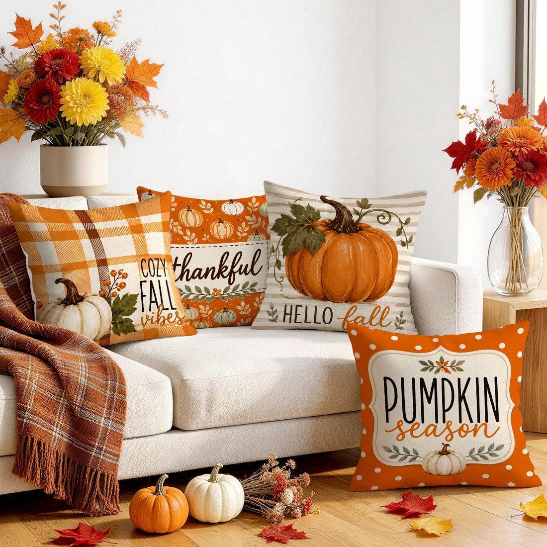 4pcs/1pc Polka Dot Plaid Pumpkin Season Pattern Pillow Case, Single-Sided Printed Pillow Case, Suitable For Living Room Bedroom Home Decor, All-Season Pillow Case