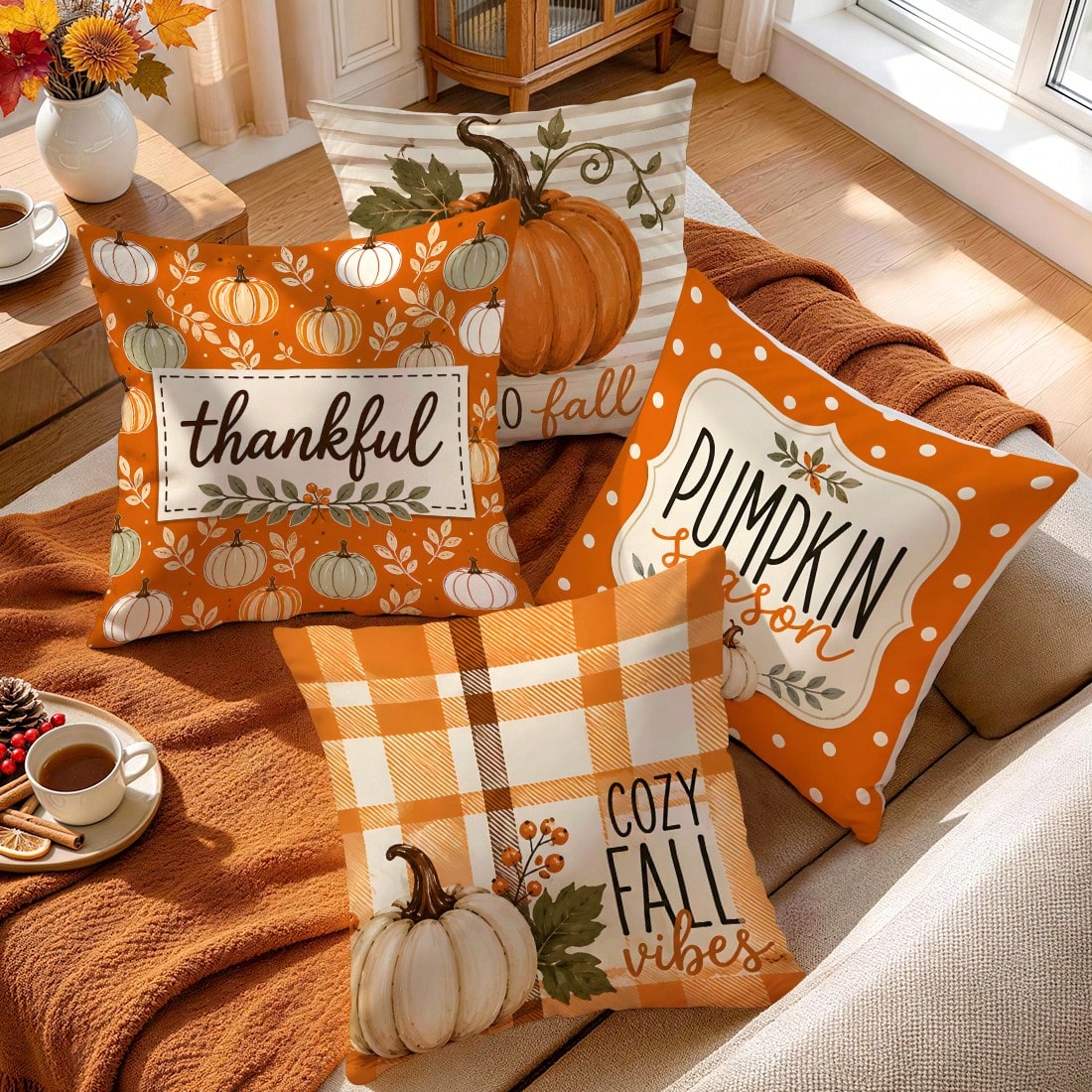 4pcs/1pc Polka Dot Plaid Pumpkin Season Pattern Pillow Case, Single-Sided Printed Pillow Case, Suitable For Living Room Bedroom Home Decor, All-Season Pillow Case