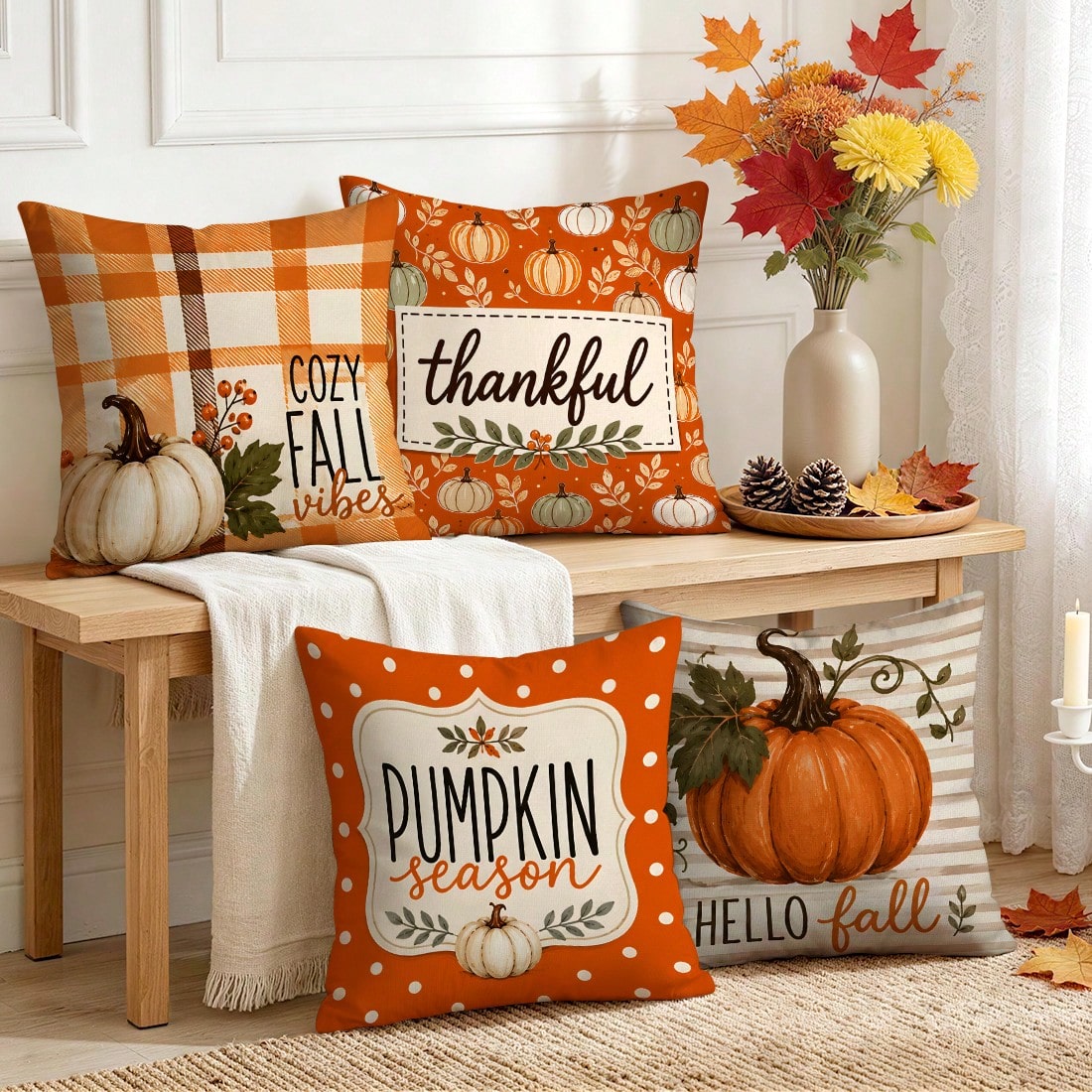 4pcs/1pc Polka Dot Plaid Pumpkin Season Pattern Pillow Case, Single-Sided Printed Pillow Case, Suitable For Living Room Bedroom Home Decor, All-Season Pillow Case
