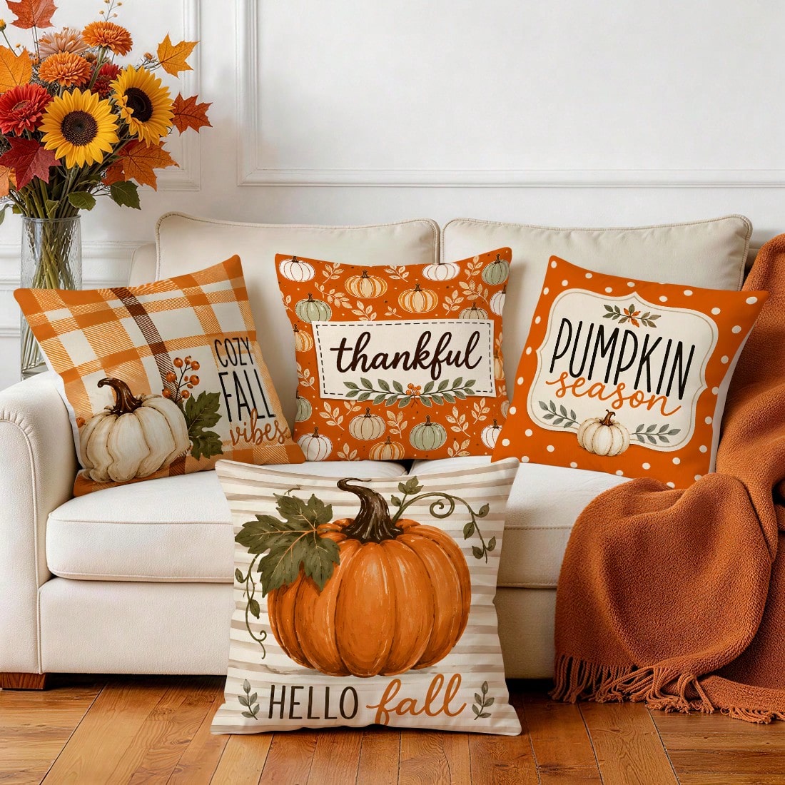 4pcs/1pc Polka Dot Plaid Pumpkin Season Pattern Pillow Case, Single-Sided Printed Pillow Case, Suitable For Living Room Bedroom Home Decor, All-Season Pillow Case