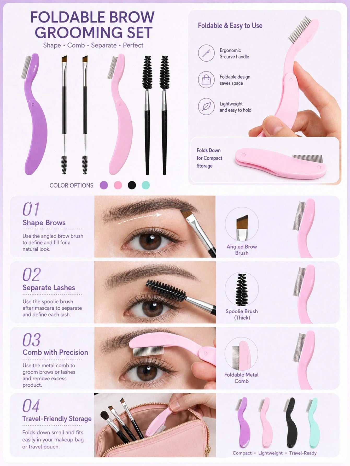 4pcs/3pcs/1pc Double-Ended Foldable Eyebrow Brush, Portable Mini Eyelash And Eyebrow Grooming Tool, Eyebrow Comb For Shaping Without Eye Irritation, Foldable Brow Comb Compact And Easy To Store, Porta