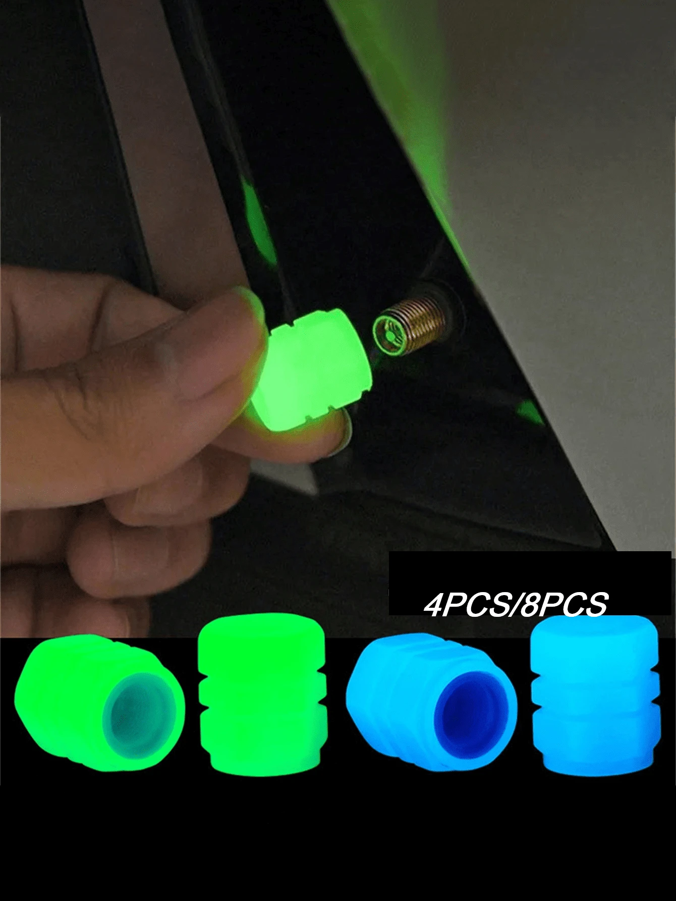 4pcs/8pcs Glow In The Dark Valve Caps, Valve Caps, Universal Fluorescent Tire Valve,Daytime Light Absorption, Long Light Effect Time. The Car's Luminous Valve Is Green, Pink, Blue, Yellow. The Car Tir
