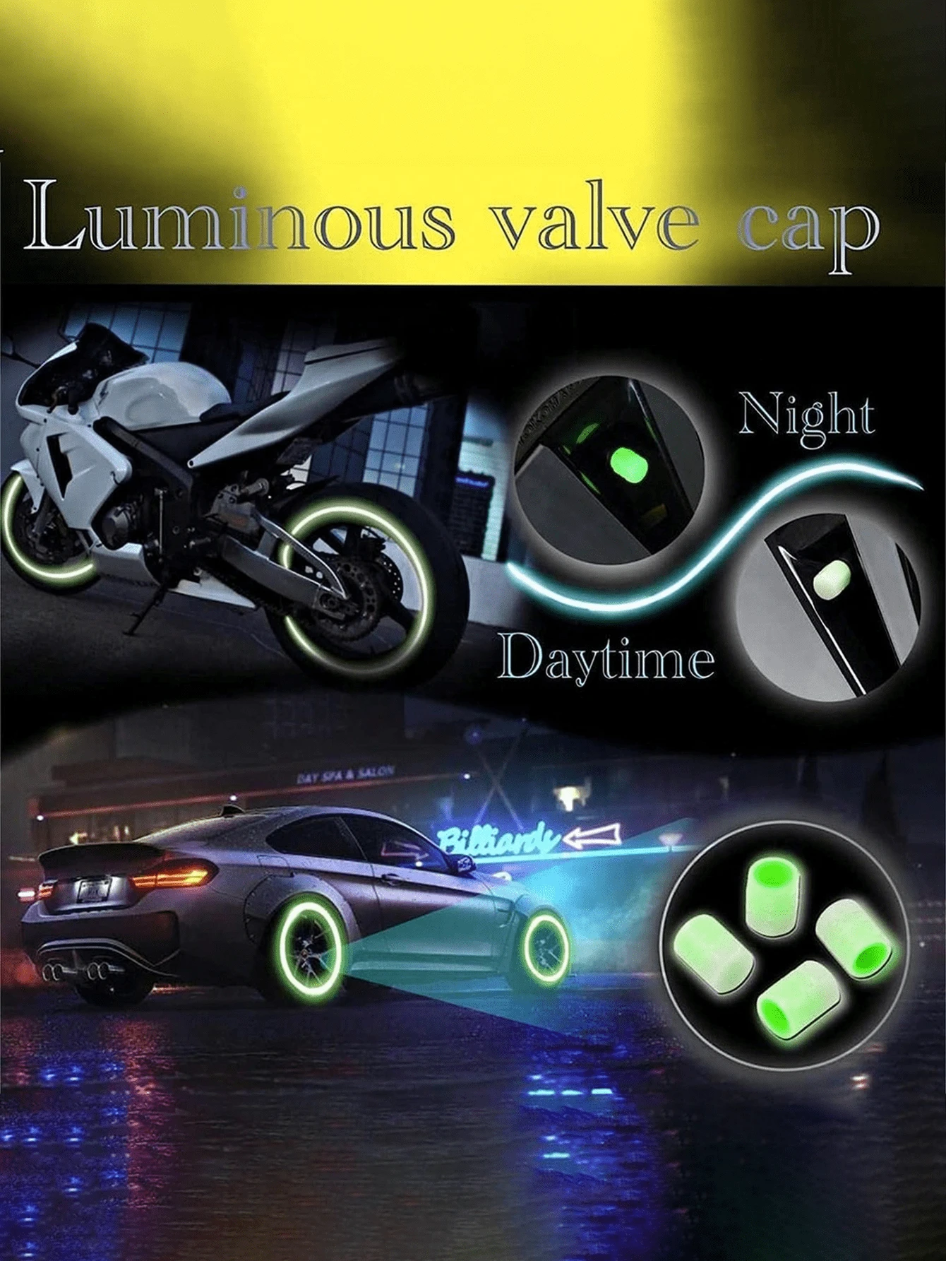 4pcs/8pcs Glow In The Dark Valve Caps, Valve Caps, Universal Fluorescent Tire Valve,Daytime Light Absorption, Long Light Effect Time. The Car's Luminous Valve Is Green, Pink, Blue, Yellow. The Car Tir