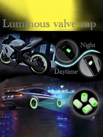 4pcs/8pcs Glow In The Dark Valve Caps, Valve Caps, Universal Fluorescent Tire Valve,Daytime Light Absorption, Long Light Effect Time. The Car's Luminous Valve Is Green, Pink, Blue, Yellow. The Car Tir