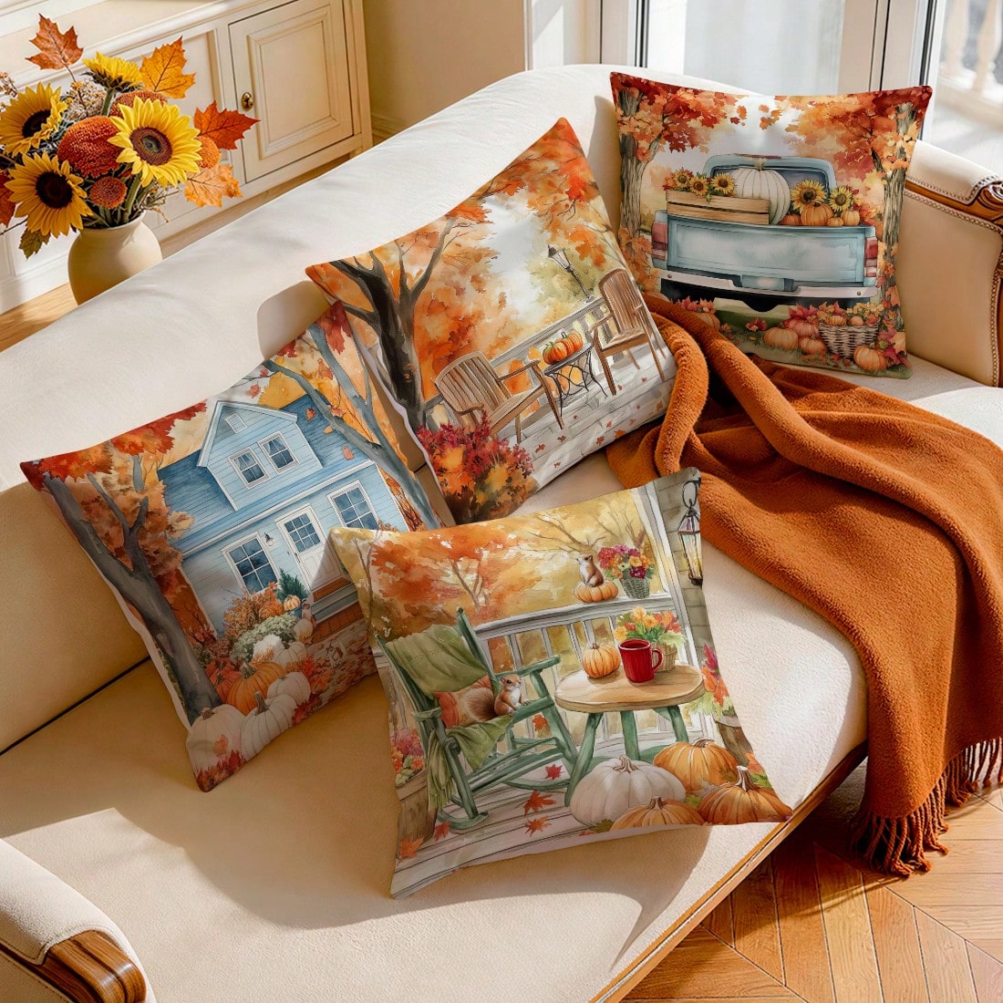 4pcs Autumn Landscape Watercolor Pattern Single-Sided Printed Pillow Covers/Cushion Covers, Multi-Scene Atmosphere Decorative Pillow Covers Suitable For Living Room Sofa Bedroom, Without Pillow Insert