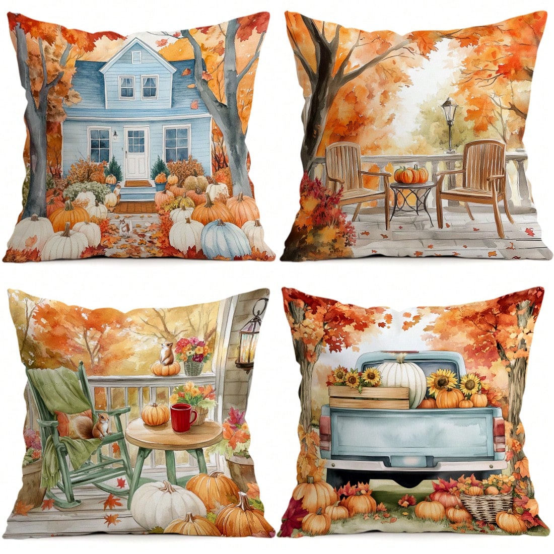 4pcs Autumn Landscape Watercolor Pattern Single-Sided Printed Pillow Covers/Cushion Covers, Multi-Scene Atmosphere Decorative Pillow Covers Suitable For Living Room Sofa Bedroom, Without Pillow Insert
