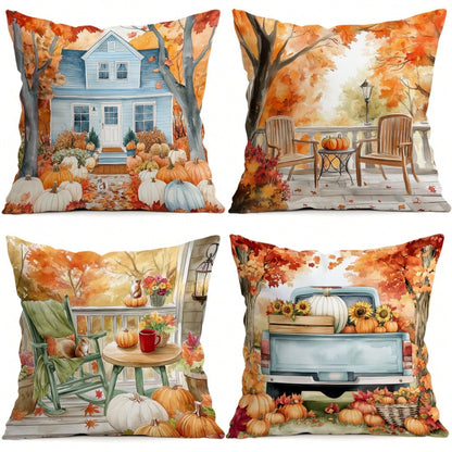 4pcs Autumn Landscape Watercolor Pattern Single-Sided Printed Pillow Covers/Cushion Covers, Multi-Scene Atmosphere Decorative Pillow Covers Suitable For Living Room Sofa Bedroom, Without Pillow Insert