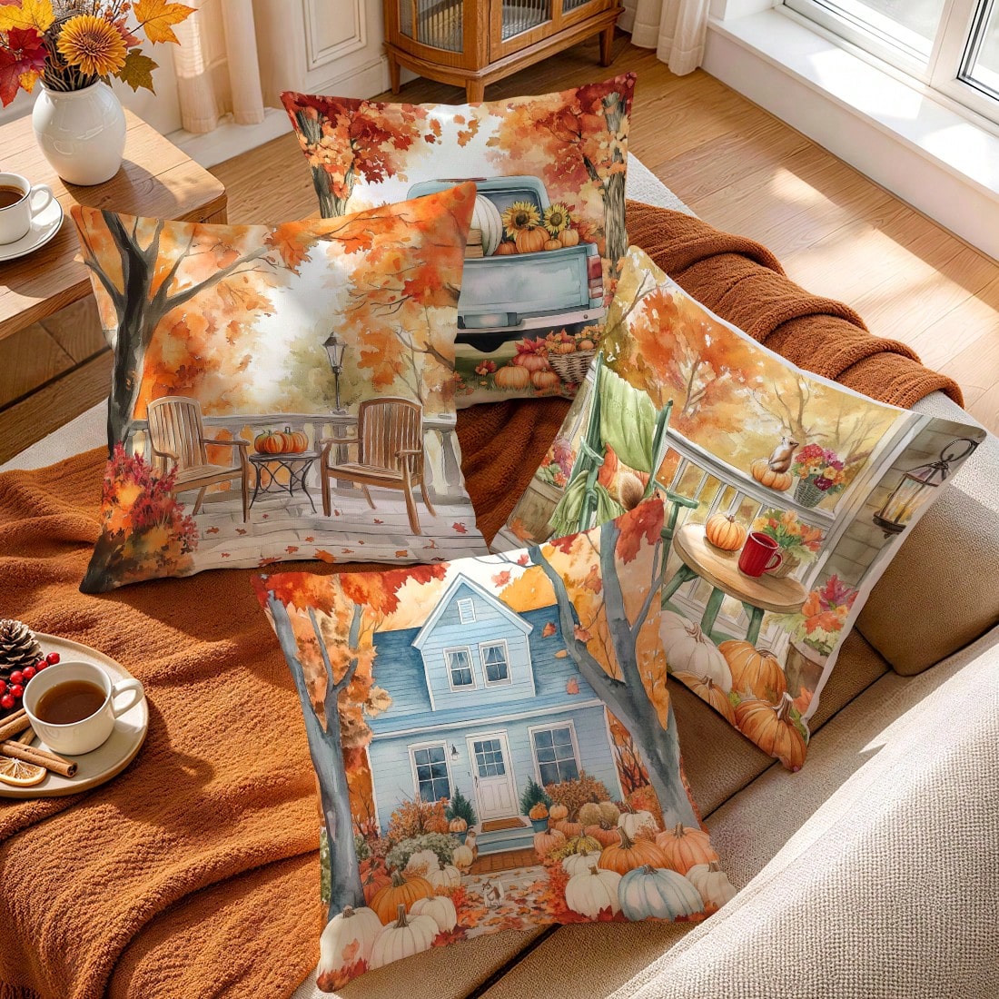 4pcs Autumn Landscape Watercolor Pattern Single-Sided Printed Pillow Covers/Cushion Covers, Multi-Scene Atmosphere Decorative Pillow Covers Suitable For Living Room Sofa Bedroom, Without Pillow Insert