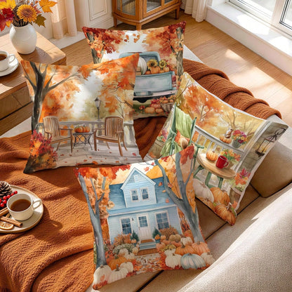 4pcs Autumn Landscape Watercolor Pattern Single-Sided Printed Pillow Covers/Cushion Covers, Multi-Scene Atmosphere Decorative Pillow Covers Suitable For Living Room Sofa Bedroom, Without Pillow Insert