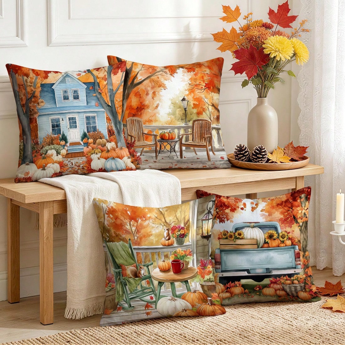 4pcs Autumn Landscape Watercolor Pattern Single-Sided Printed Pillow Covers/Cushion Covers, Multi-Scene Atmosphere Decorative Pillow Covers Suitable For Living Room Sofa Bedroom, Without Pillow Insert