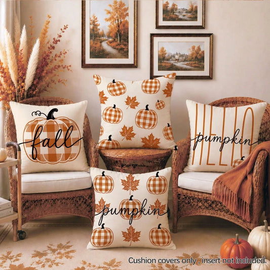 4pcs Autumn Orange & White Buffalo Plaid Minimalist Pumpkin Print Pillow Covers [Without Pillow Insert], 40*40cm/45*45cm/50*50cm, [Single-Sided Printing] Made Of Polyester Material, Fall Hello Pumpkin