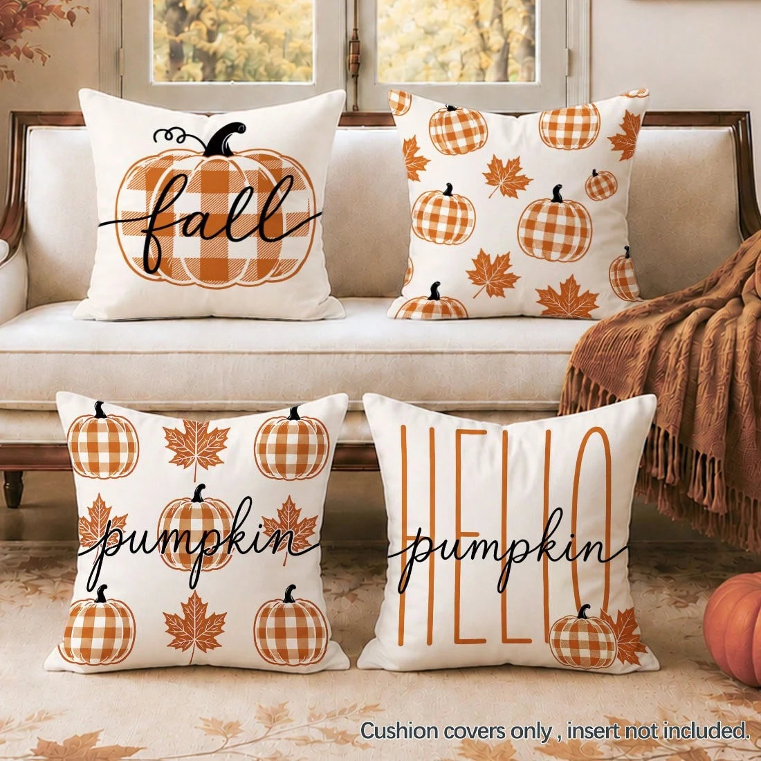 4pcs Autumn Orange & White Buffalo Plaid Minimalist Pumpkin Print Pillow Covers [Without Pillow Insert], 40*40cm/45*45cm/50*50cm, [Single-Sided Printing] Made Of Polyester Material, Fall Hello Pumpkin