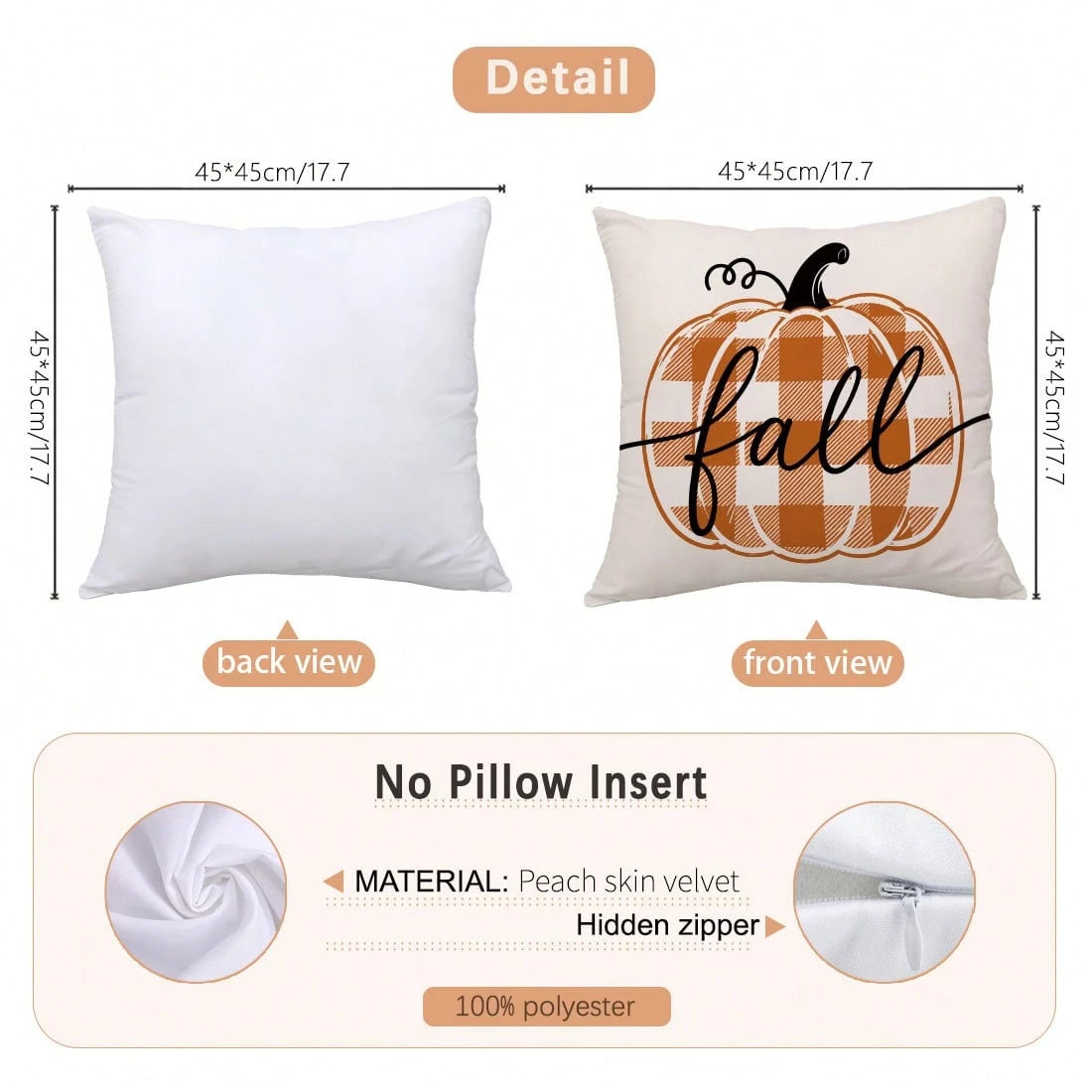 4pcs Autumn Orange & White Buffalo Plaid Minimalist Pumpkin Print Pillow Covers [Without Pillow Insert], 40*40cm/45*45cm/50*50cm, [Single-Sided Printing] Made Of Polyester Material, Fall Hello Pumpkin