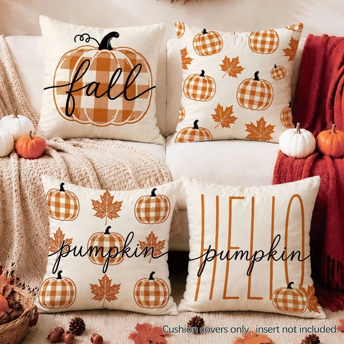4pcs Autumn Orange & White Buffalo Plaid Minimalist Pumpkin Print Pillow Covers [Without Pillow Insert], 40*40cm/45*45cm/50*50cm, [Single-Sided Printing] Made Of Polyester Material, Fall Hello Pumpkin