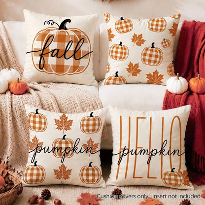 4pcs Autumn Orange & White Buffalo Plaid Minimalist Pumpkin Print Pillow Covers [Without Pillow Insert], 40*40cm/45*45cm/50*50cm, [Single-Sided Printing] Made Of Polyester Material, Fall Hello Pumpkin