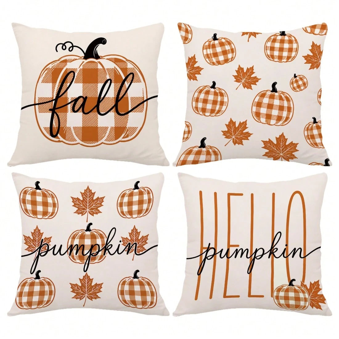 4pcs Autumn Orange & White Buffalo Plaid Minimalist Pumpkin Print Pillow Covers [Without Pillow Insert], 40*40cm/45*45cm/50*50cm, [Single-Sided Printing] Made Of Polyester Material, Fall Hello Pumpkin