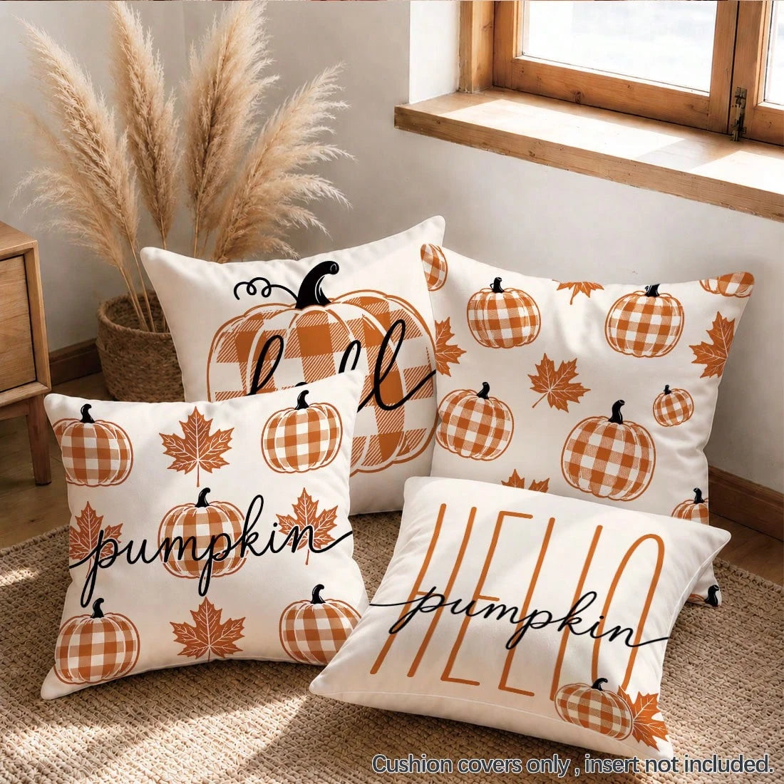 4pcs Autumn Orange & White Buffalo Plaid Minimalist Pumpkin Print Pillow Covers [Without Pillow Insert], 40*40cm/45*45cm/50*50cm, [Single-Sided Printing] Made Of Polyester Material, Fall Hello Pumpkin