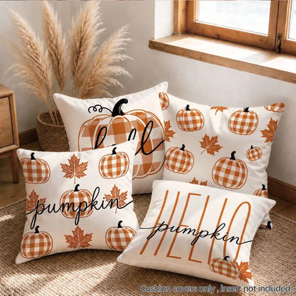 4pcs Autumn Orange & White Buffalo Plaid Minimalist Pumpkin Print Pillow Covers [Without Pillow Insert], 40*40cm/45*45cm/50*50cm, [Single-Sided Printing] Made Of Polyester Material, Fall Hello Pumpkin
