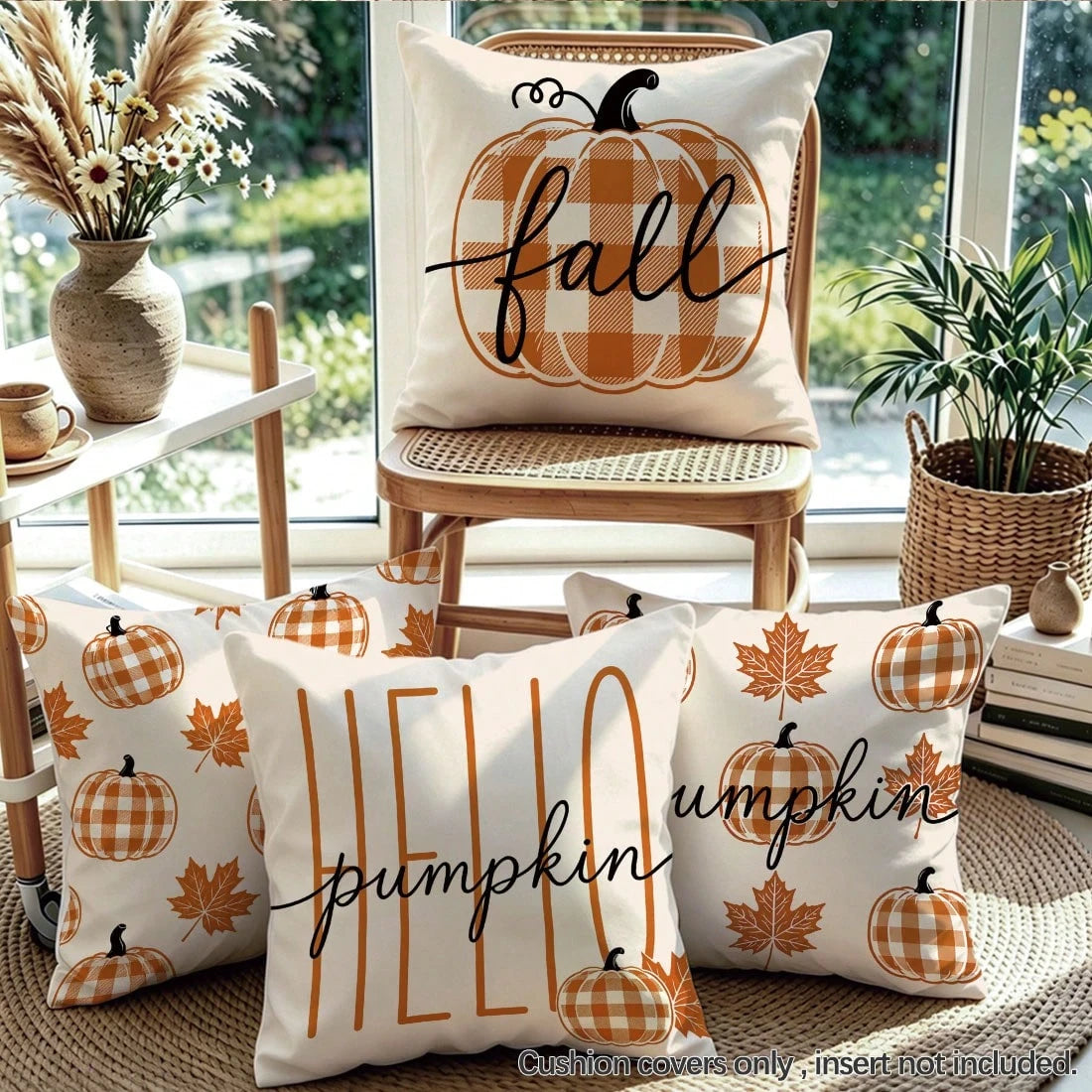 4pcs Autumn Orange & White Buffalo Plaid Minimalist Pumpkin Print Pillow Covers [Without Pillow Insert], 40*40cm/45*45cm/50*50cm, [Single-Sided Printing] Made Of Polyester Material, Fall Hello Pumpkin
