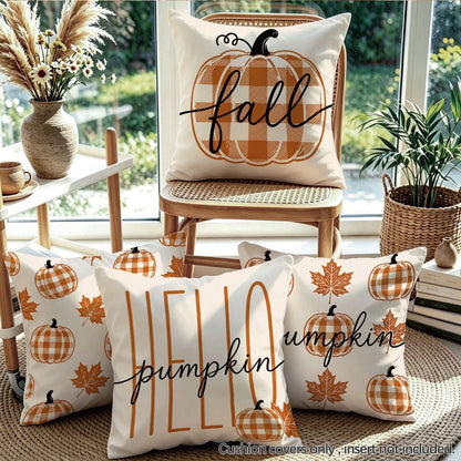 4pcs Autumn Orange & White Buffalo Plaid Minimalist Pumpkin Print Pillow Covers [Without Pillow Insert], 40*40cm/45*45cm/50*50cm, [Single-Sided Printing] Made Of Polyester Material, Fall Hello Pumpkin
