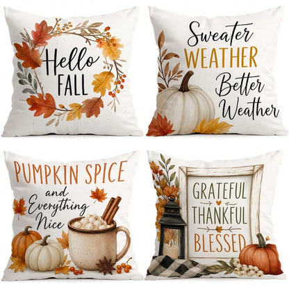 4pcs Autumn Text Pumpkin Pattern Pillow Covers Without Inserts, Single-Sided Printed Pillow Covers, Suitable For Living Room Bedroom Home Decor, All-Season Pillow Covers