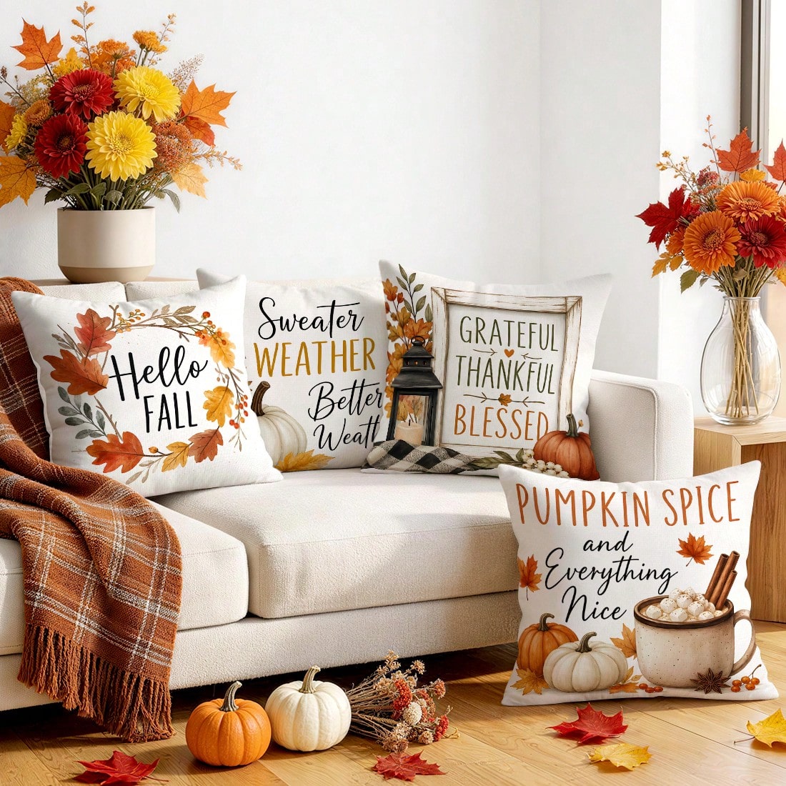 4pcs Autumn Text Pumpkin Pattern Pillow Covers Without Inserts, Single-Sided Printed Pillow Covers, Suitable For Living Room Bedroom Home Decor, All-Season Pillow Covers
