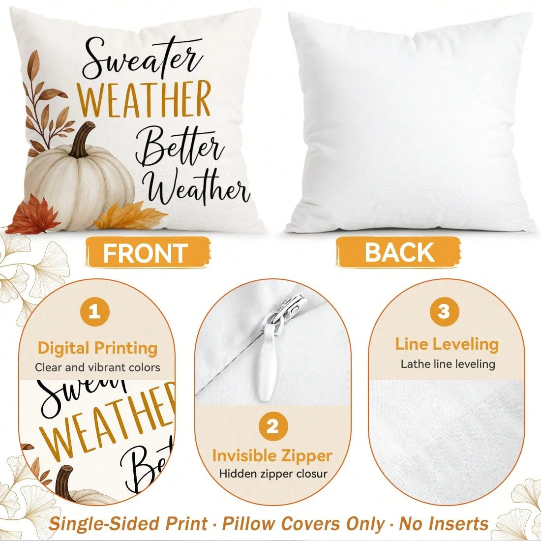4pcs Autumn Text Pumpkin Pattern Pillow Covers Without Inserts, Single-Sided Printed Pillow Covers, Suitable For Living Room Bedroom Home Decor, All-Season Pillow Covers