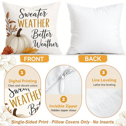 4pcs Autumn Text Pumpkin Pattern Pillow Covers Without Inserts, Single-Sided Printed Pillow Covers, Suitable For Living Room Bedroom Home Decor, All-Season Pillow Covers