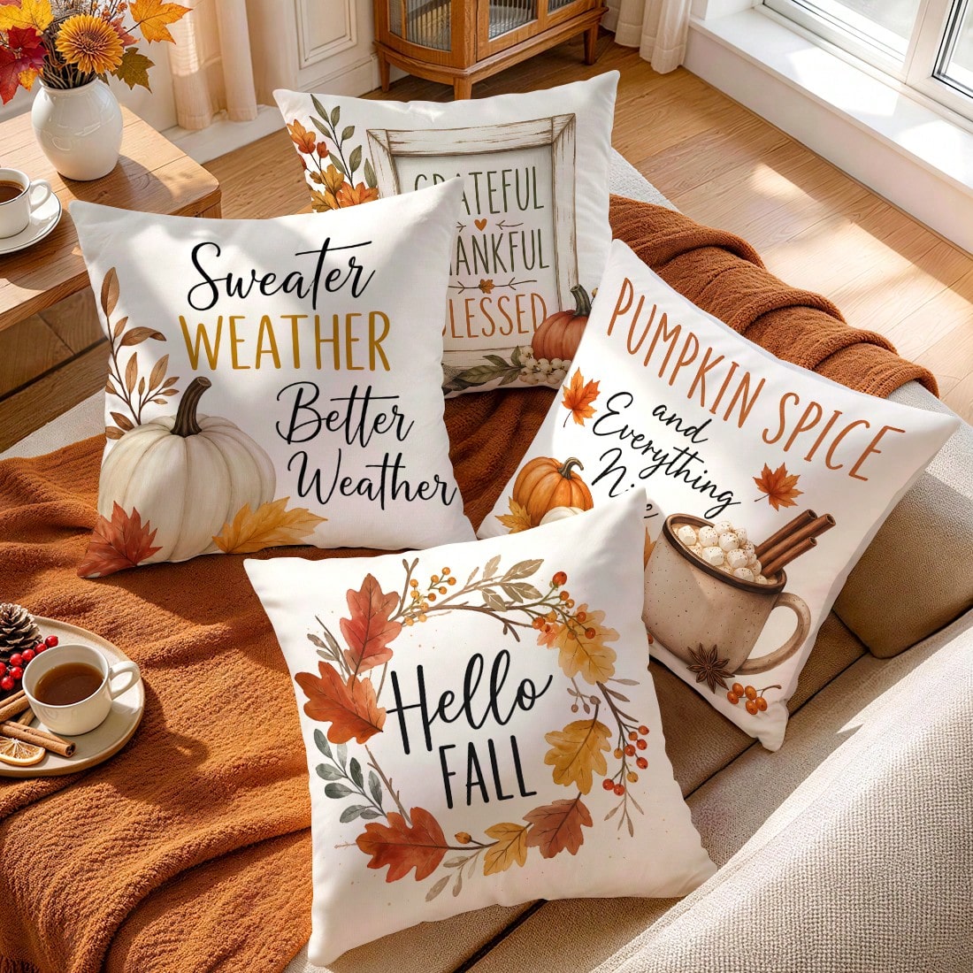 4pcs Autumn Text Pumpkin Pattern Pillow Covers Without Inserts, Single-Sided Printed Pillow Covers, Suitable For Living Room Bedroom Home Decor, All-Season Pillow Covers