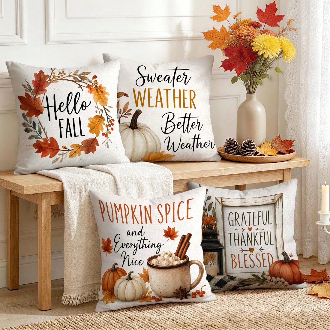 4pcs Autumn Text Pumpkin Pattern Pillow Covers Without Inserts, Single-Sided Printed Pillow Covers, Suitable For Living Room Bedroom Home Decor, All-Season Pillow Covers