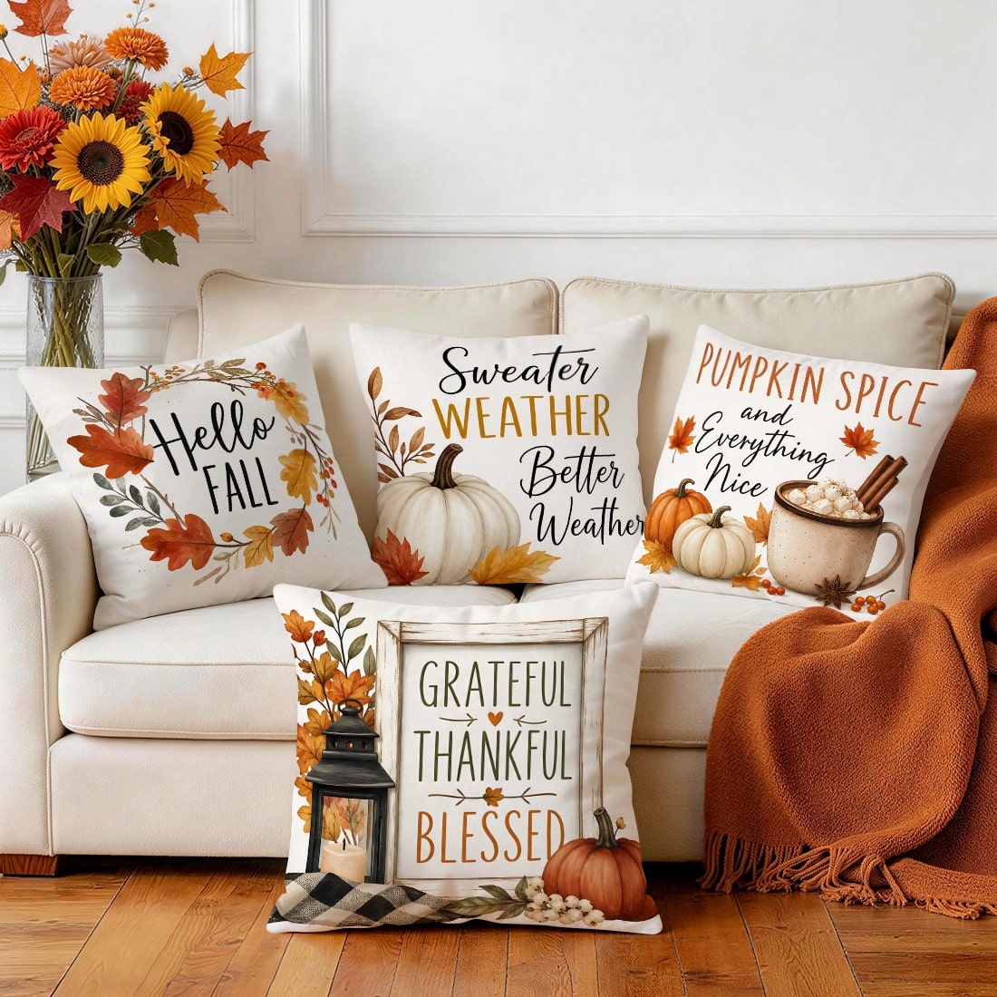 4pcs Autumn Text Pumpkin Pattern Pillow Covers Without Inserts, Single-Sided Printed Pillow Covers, Suitable For Living Room Bedroom Home Decor, All-Season Pillow Covers