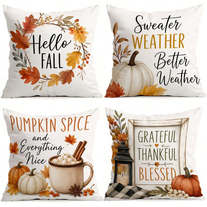4pcs Autumn Text Pumpkin Pattern Pillow Covers Without Inserts, Single-Sided Printed Pillow Covers, Suitable For Living Room Bedroom Home Decor, All-Season Pillow Covers