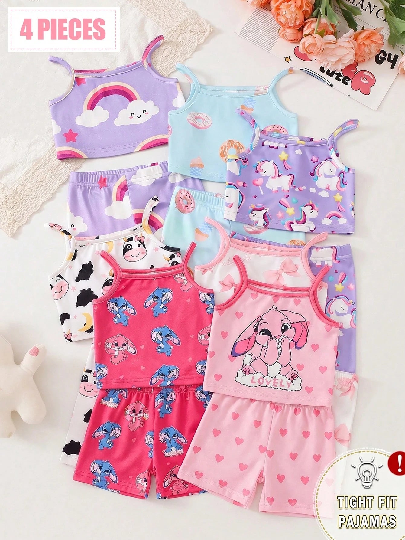 4pcs Baby Girl Sweet Cute Elegant Casual Daily Comfortable Soft Skin-Friendly High Elasticity Tight Knit Fabric Pink Heart Rabbit Cartoon Print Camisole Top And Shorts Pajama Set Loungewear