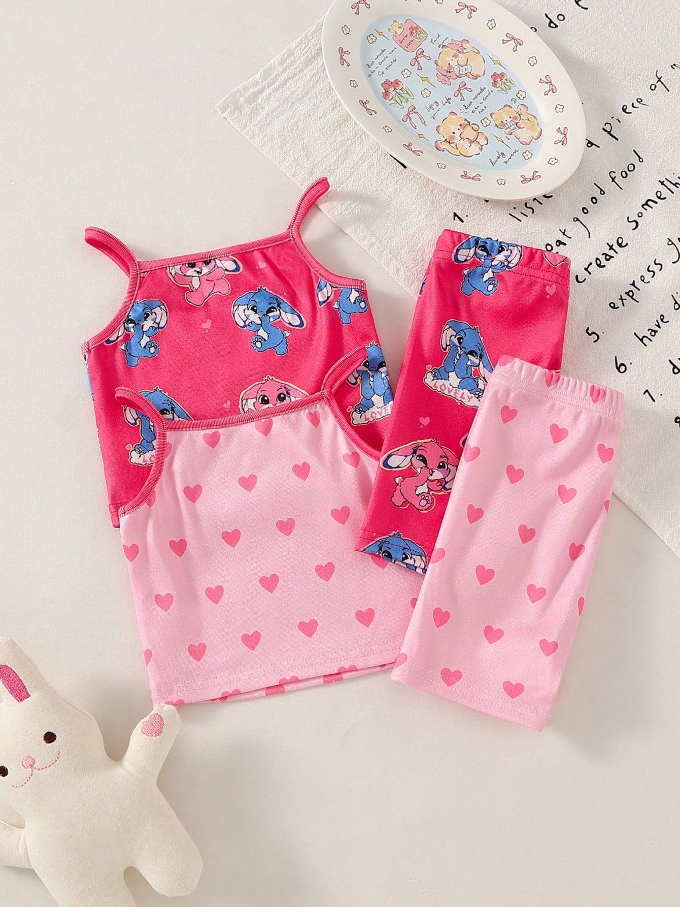 4pcs Baby Girl Sweet Cute Elegant Casual Daily Comfortable Soft Skin-Friendly High Elasticity Tight Knit Fabric Pink Heart Rabbit Cartoon Print Camisole Top And Shorts Pajama Set Loungewear