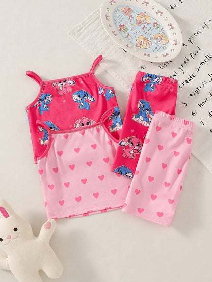 4pcs Baby Girl Sweet Cute Elegant Casual Daily Comfortable Soft Skin-Friendly High Elasticity Tight Knit Fabric Pink Heart Rabbit Cartoon Print Camisole Top And Shorts Pajama Set Loungewear