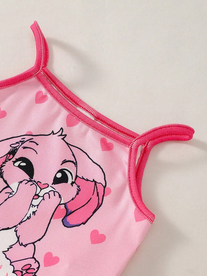 4pcs Baby Girl Sweet Cute Elegant Casual Daily Comfortable Soft Skin-Friendly High Elasticity Tight Knit Fabric Pink Heart Rabbit Cartoon Print Camisole Top And Shorts Pajama Set Loungewear