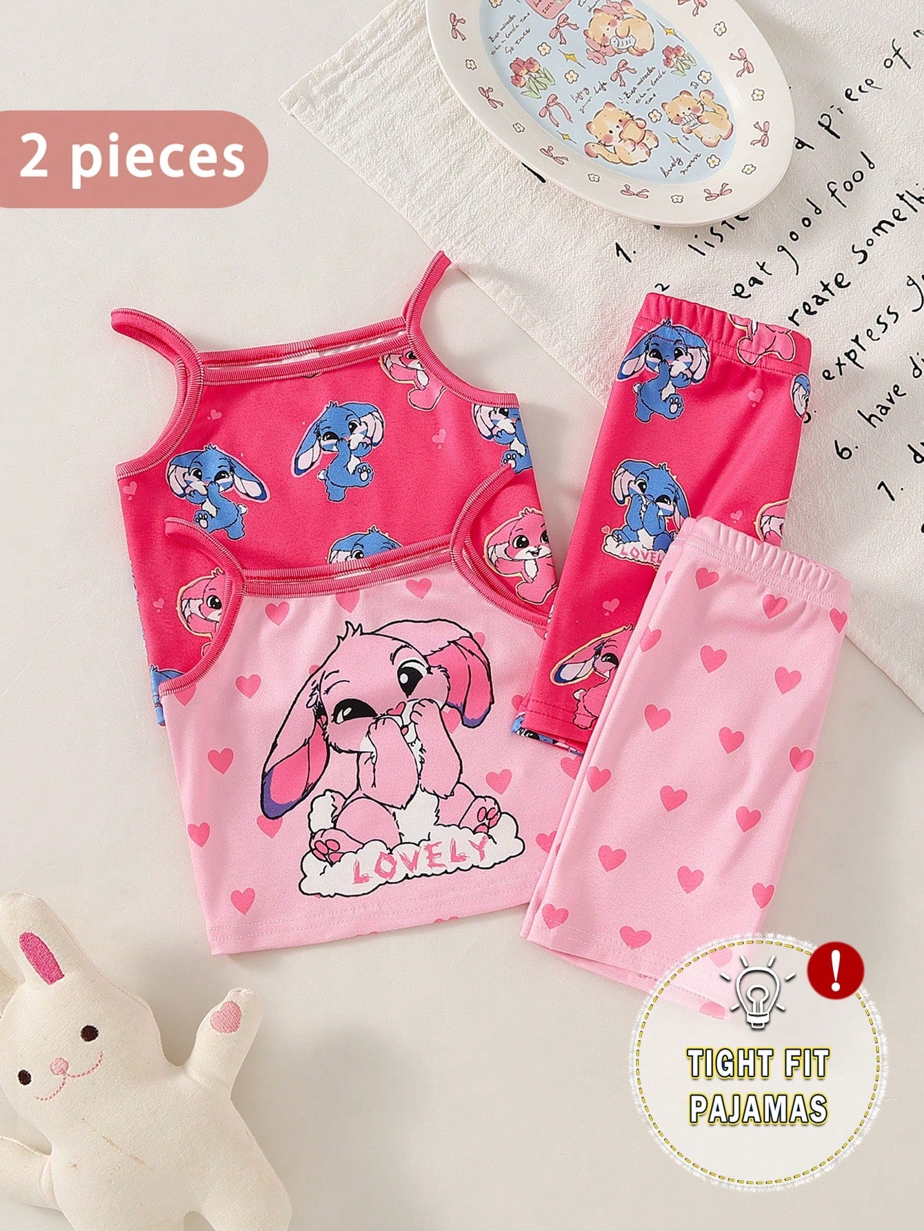4pcs Baby Girl Sweet Cute Elegant Casual Daily Comfortable Soft Skin-Friendly High Elasticity Tight Knit Fabric Pink Heart Rabbit Cartoon Print Camisole Top And Shorts Pajama Set Loungewear