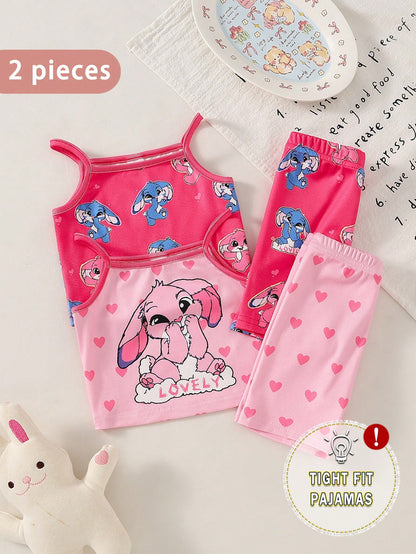 4pcs Baby Girl Sweet Cute Elegant Casual Daily Comfortable Soft Skin-Friendly High Elasticity Tight Knit Fabric Pink Heart Rabbit Cartoon Print Camisole Top And Shorts Pajama Set Loungewear