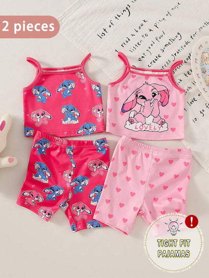 4pcs Baby Girl Sweet Cute Elegant Casual Daily Comfortable Soft Skin-Friendly High Elasticity Tight Knit Fabric Pink Heart Rabbit Cartoon Print Camisole Top And Shorts Pajama Set Loungewear
