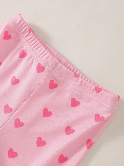 4pcs Baby Girl Sweet Cute Elegant Casual Daily Comfortable Soft Skin-Friendly High Elasticity Tight Knit Fabric Pink Heart Rabbit Cartoon Print Camisole Top And Shorts Pajama Set Loungewear