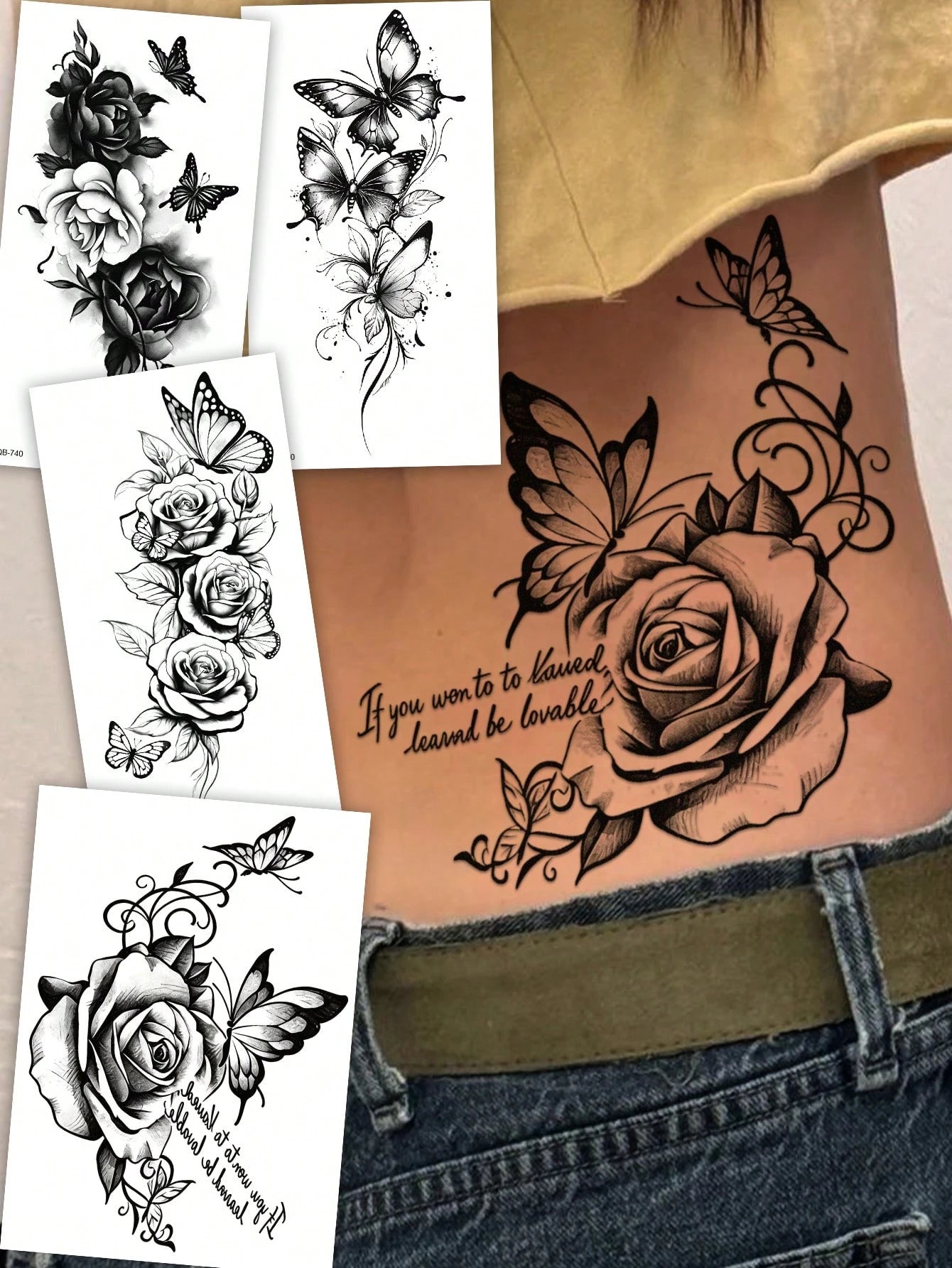 4pcs Black Butterfly & Floral Temporary Tattoo Stickers, Sexy Realistic Rose, Butterfly And English Phrase Design, Waterproof Body Art For Women, Easy To Apply And Remove, Sexy Dancer Design, Suitable