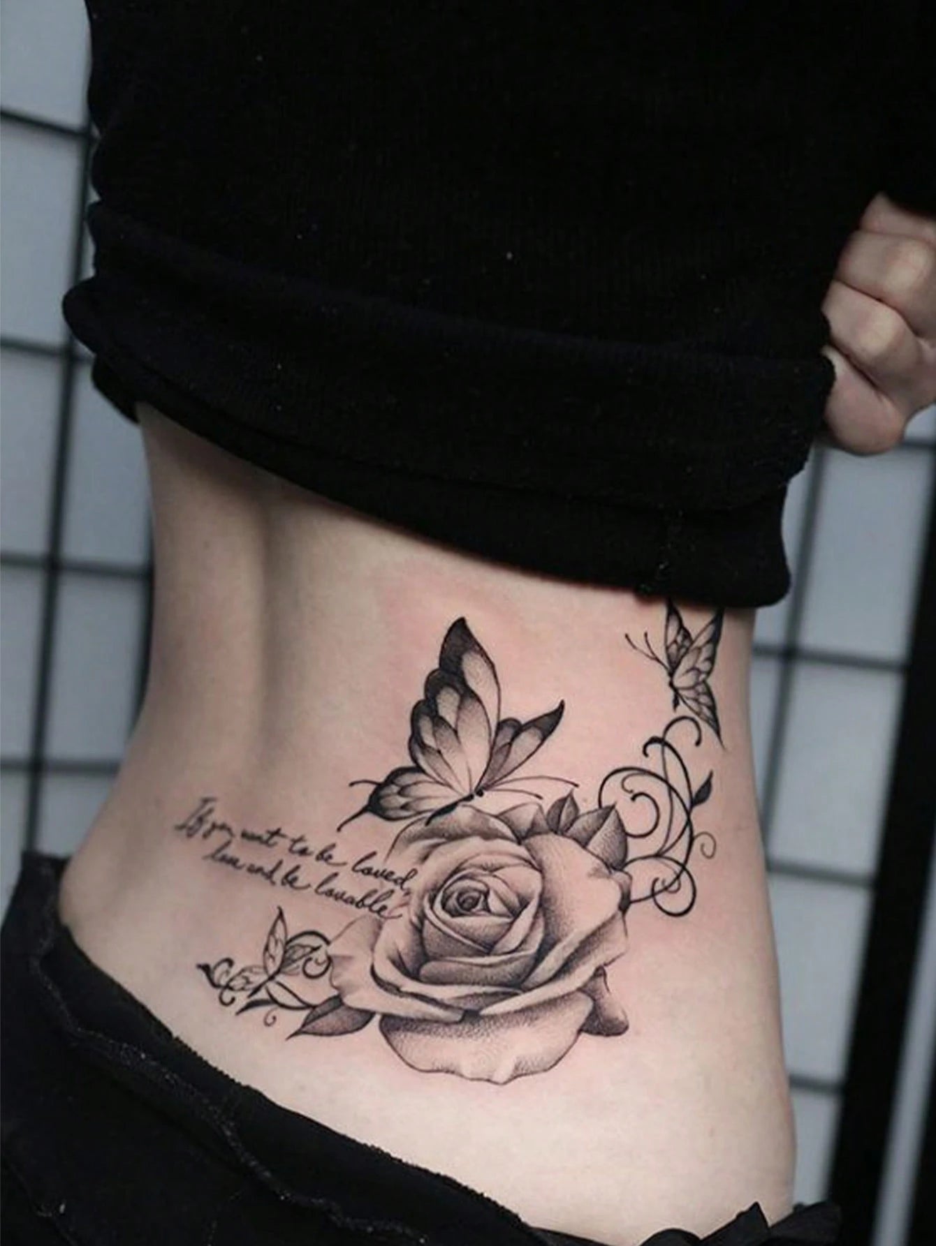4pcs Black Butterfly & Floral Temporary Tattoo Stickers, Sexy Realistic Rose, Butterfly And English Phrase Design, Waterproof Body Art For Women, Easy To Apply And Remove, Sexy Dancer Design, Suitable