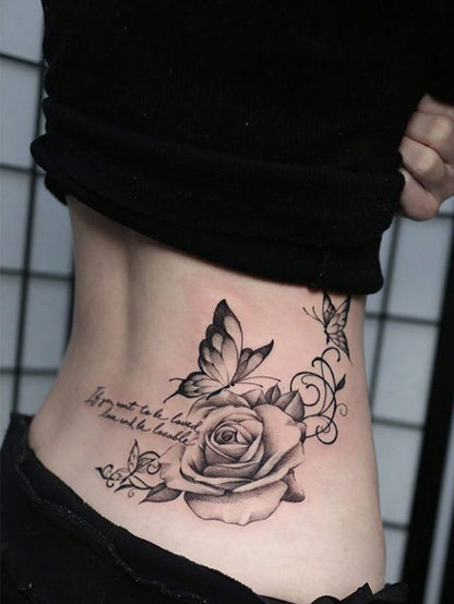 4pcs Black Butterfly & Floral Temporary Tattoo Stickers, Sexy Realistic Rose, Butterfly And English Phrase Design, Waterproof Body Art For Women, Easy To Apply And Remove, Sexy Dancer Design, Suitable