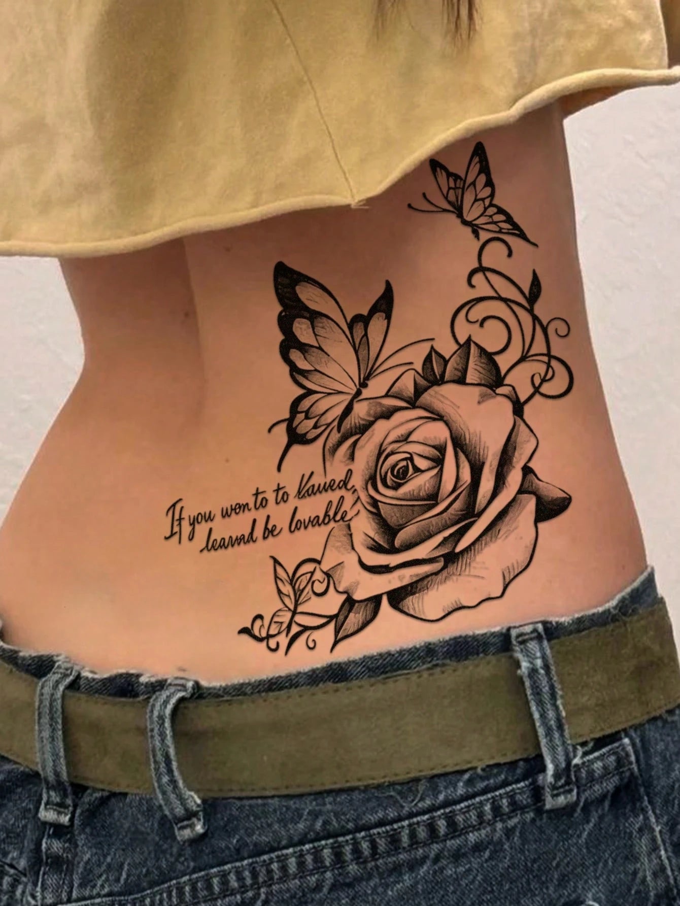 4pcs Black Butterfly & Floral Temporary Tattoo Stickers, Sexy Realistic Rose, Butterfly And English Phrase Design, Waterproof Body Art For Women, Easy To Apply And Remove, Sexy Dancer Design, Suitable